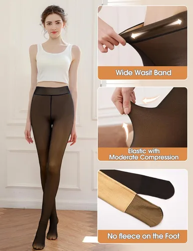 Vista 2 de Yusongirl Mallas con forro polar para mujer, medias translúcidas falsas, cálidas para invierno, leggings térmicos de cintura alta con pies