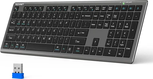 Vista 10 de TECKNET Teclado Bluetooth recargable, conmutación libre de 4 dispositivos (2.4G+BT), teclado inalámbrico ultradelgado de tamaño completo, escritura