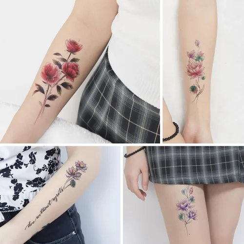 Vista 5 de Tatuaje temporal impermeable de 10 brazos rosa rojo rosa rosa flor grúa palabras + 7 hojas de cuello lindo hoja de nube