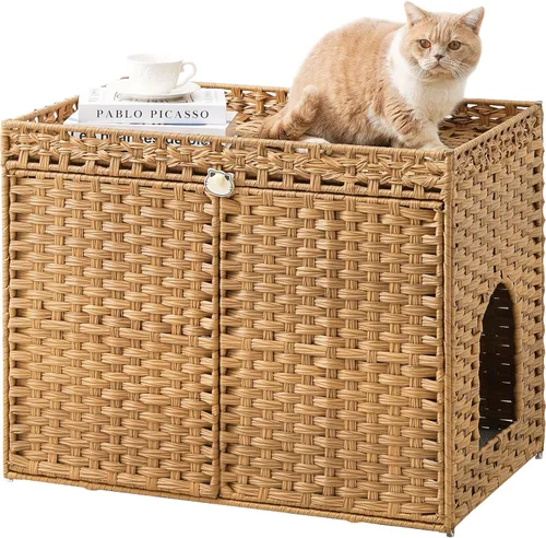 Vista 10 de SETVSON Muebles de caja de arena para gatos, caja de arena oculta, armario de arena para gatos con 2 alfombrillas de arena, casa de gato tejida a