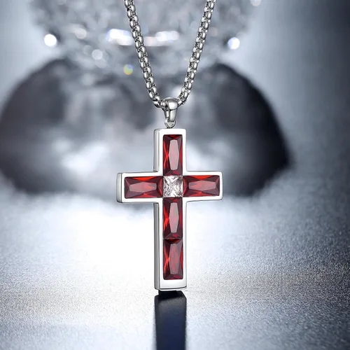 Vista 58 de Collar de cruz para hombre, piedras preciosas de color piedra natal de circonita cúbica, collar de acero inoxidable para hombre, cadena de 24