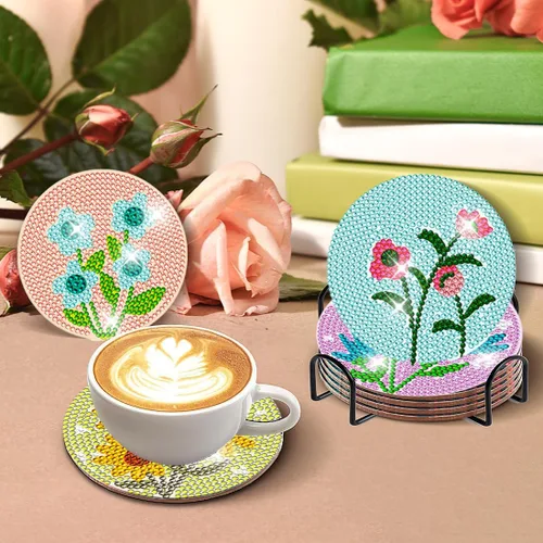 Vista 4 de DOTZSO Juego de 8 posavasos de arte de diamante con soporte, kits de arte de diamantes para adultos principiantes, pequeños posavasos de pintura