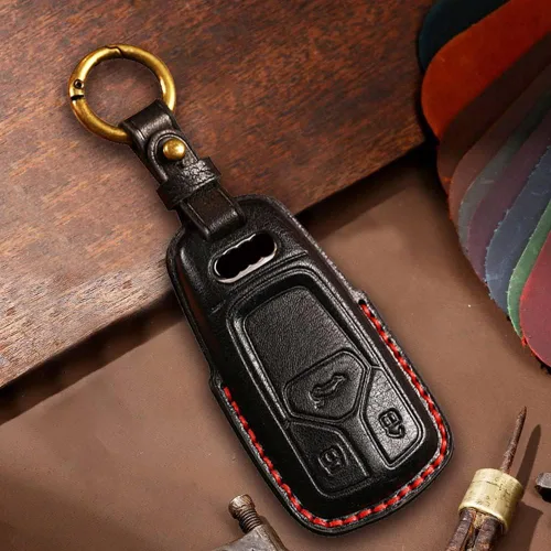 Vista 3 de ontto Funda de cuero para llave de entrada sin llave con protección completa, compatible con Audi A4 Q7 Q5 TT A3 A6 negro (tipo A)