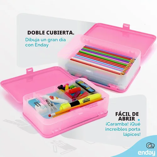 Vista 7 de Enday Caja de Lápices Rosa, Caja de Plástico de Gran Capacidad de Doble Nivel con 12 Compartimentos, Caja de Lápices de Plástico con Tapa de Cierre