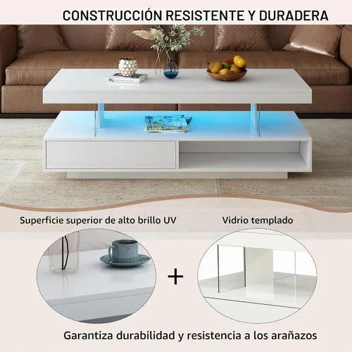Vista 5 de LUMISOL Mesa de centro rectangular LED con cajón y estante, color blanco
