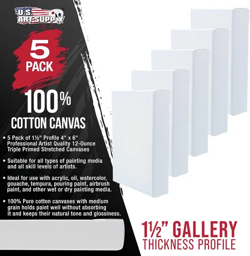 Vista 2 de U.S. Art Supply Paquete de 5 Bastidores estirados en masa para pintar 4 x 6 pulgadas de profundidad de galería, perfil de 1-1/2" - Calidad