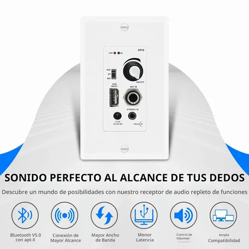 Vista 2 de receptor amplificador de control de audio en pared compatible con Bluetooth, 2 canales, placa de pared con entrada USB, micrófono (3.5mm) Aux, 120W