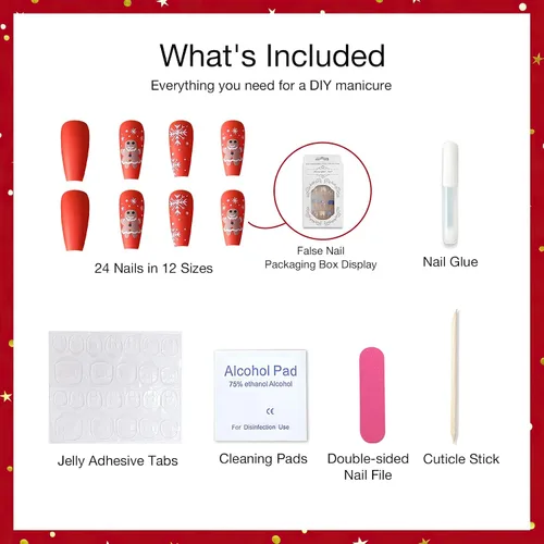 Vista 5 de Año Nuevo Navidad Prensa en Uñas Largas Ataúd Acrílico Uñas Falsas Kit Navidad Copo de Nieve Decoración de Uñas Falsas Bailarina Uñas Falsas Puntas