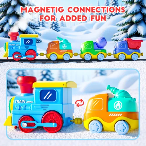 Vista 5 de Juego de Tren de Vapor Funwee para Niños Pequeños, Juguetes de Tren con Conexión Magnética y Luces y Sonidos, Tren Eléctrico de Dibujos Animados