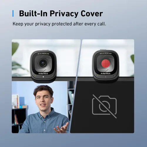 Vista 6 de Anker AnkerWork C310 Webcam, Cámara web 4K, 12 megapíxeles, enfoque automático AI, encuadre AI, micrófono AI con cancelación de ruido, cubierta