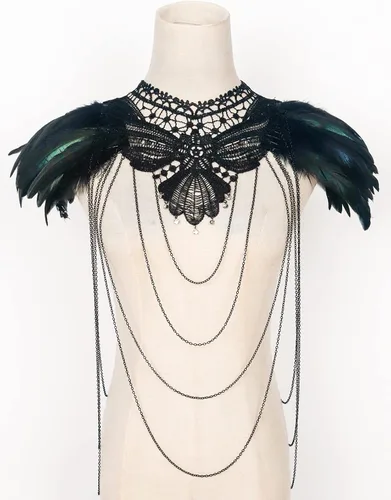 Vista 5 de L'VOW Real Negro Pluma Arnés Collar Collar Collar Babero Halloween