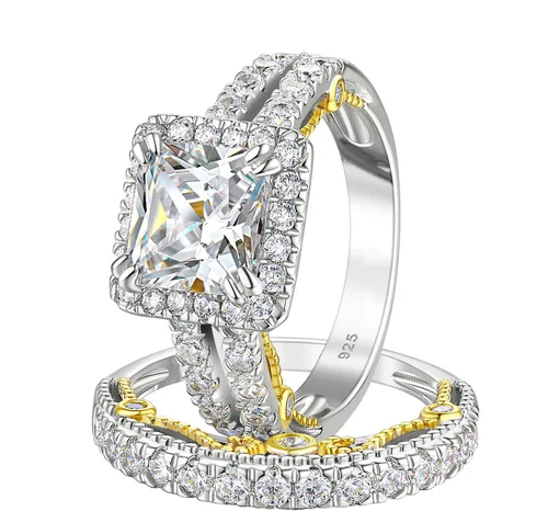 Vista 8 de Wuziwen Juego de anillos de boda de corte princesa de 4 quilates para mujer Circonita cúbica plateada
