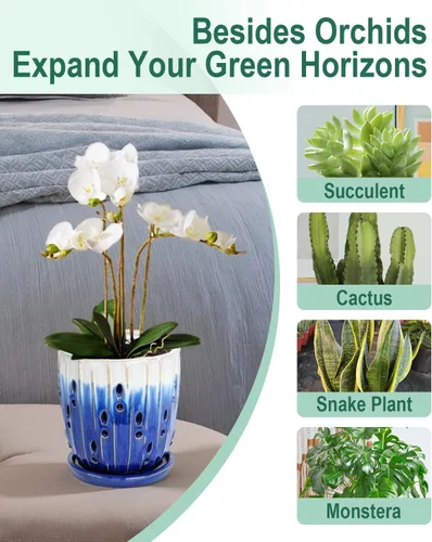 Vista 4 de Maceta de cerámica para orquídeas de 6 pulgadas con agujeros y Azul degradado