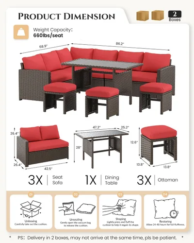 Vista 7 de U-MAX Juego de muebles de patio, 7 piezas de sofá seccional para exteriores Ratán marrón y cojín rojo