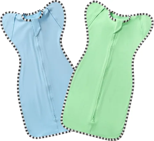 Vista 7 de Swaddling - Saco de dormir para recién nacido, paquete de 2 unidades, 100% algodón, diseño de brazos hacia arriba con cremallera de 2 vías, manta