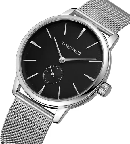 Vista 2 de FORSINING Reloj de pulsera mecánico de cuerda manual con visualización analógica estilo deportivo para hombres con correa de piel Negro Plata Beige