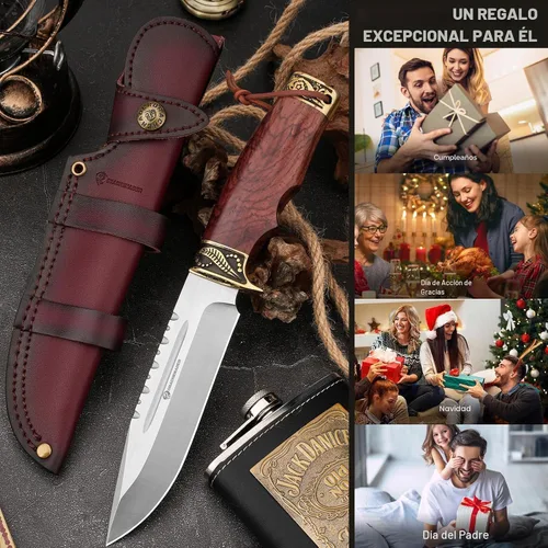 Vista 5 de DRACHENADER Cuchillo de caza de hoja fija con funda de cuero horizontal YU-LN, cuchillo de bushcraft de 10.63 pulgadas para hombres con mango