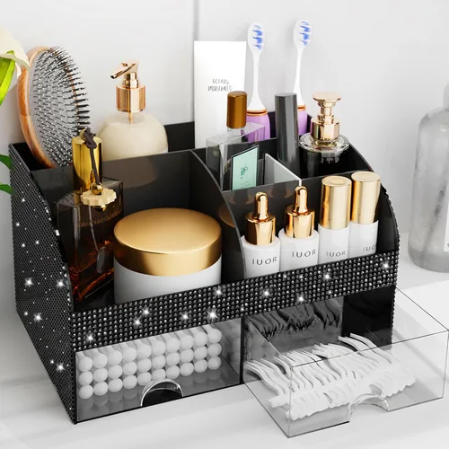 Vista 17 de Organizador de maquillaje con cajones, almacenamiento de cosméticos para tocador y encimera de baño, soporte de belleza para lápiz labial y brochas