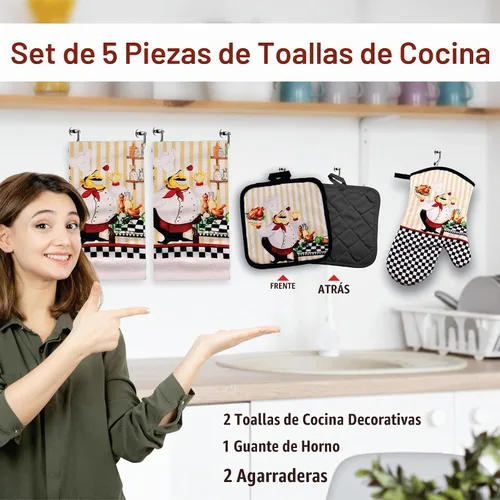 Vista 7 de Encantador juego de toallas de cocina de 5 piezas: diseño de chef uniforme y regordete, incluye 2 paños decorativos (25 x 15), 1 guante de horno y 2