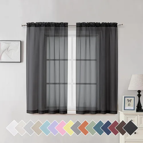 Vista 35 de Aiyufeng 2 paneles de cenefa transparente negra de 14 pulgadas de largo, cortinas cortas negras transparentes para dormitorio, cortinas de cocina