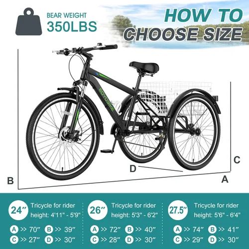 Vista 6 de MOPHOTO Triciclo de montaña para adultos, bicicleta de montaña de 7 velocidades y 3 ruedas para adultos, triciclo Cruiser de 24/26/27.5 pulgadas