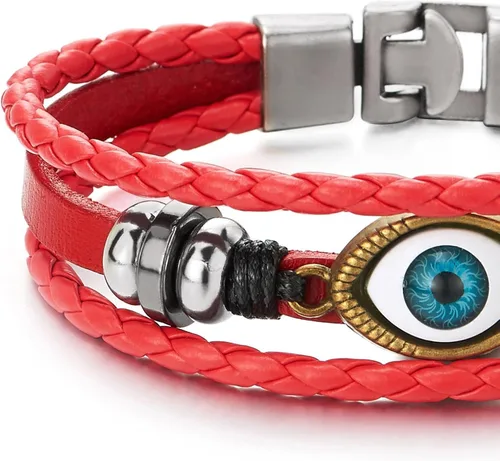 Vista 4 de COOLSTEELANDBEYOND Pulsera de tres filas de cuentas de cuero contra el mal de ojo para hombre y mujer