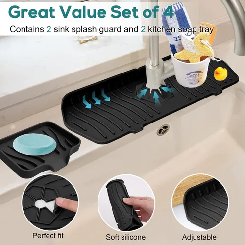 Vista 3 de Protector contra salpicaduras para fregadero de cocina y bandeja de jabón, tapete protector de silicona para grifo, soporte de esponja con boquilla