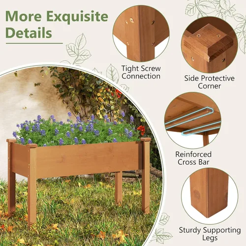 Vista 6 de HAPPYGRILL - Cama de jardín elevada, caja de jardín de madera para exteriores con patas, agujeros de drenaje, tela de revestimiento de jardín negra