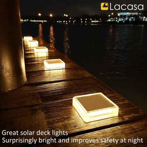 Vista 6 de Lacasa – Luces de terraza solares, paquete de 4 luces LED de 30LM para muelle, blanco cálido 2700K, luces de escalones exteriores alimentadas por