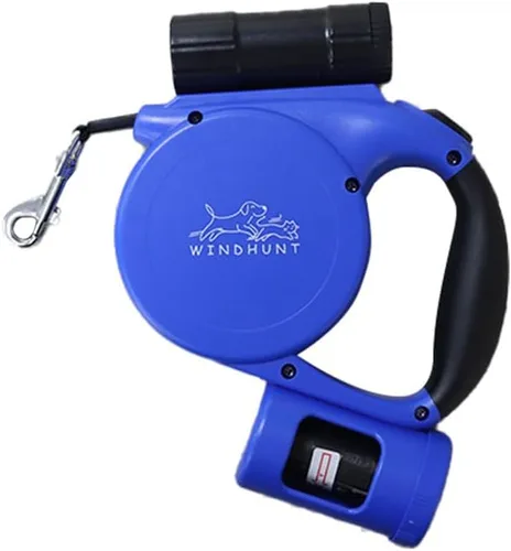 Vista 9 de Correa retráctil para perro de 360° sin enredos con linterna, dispensador y bolsa de excrementos, cinta de nailon resistente para perros pequeños