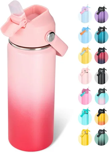 Vista 8 de Fijinhom Botella de agua aislada de acero inoxidable de 18 oz, de boca ancha, de doble pared, con vacío, con pajita de silicona, a prueba de sudor