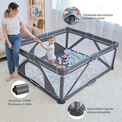 Vista 5 de Yobear - Corralito plegable para bebés y niños pequeños con 50 pelotas oceánicas y 2 asas, área de juego de seguridad para niños en interiores