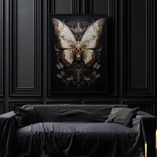 Vista 3 de Póster de polilla de esqueleto, arte de pared gótico para decoración del hogar, calavera y mariposa, lienzo decorativo de pared para niños y niñas