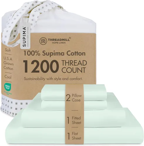 Vista 15 de Threadmill Sábanas de lujo de algodón Supima, sábanas de 100% algodón suaves de 1200 hilos de lujo para cama tamaño matrimonial, juego de 4 sábanas