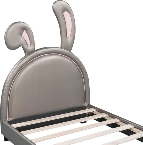 Vista 6 de Cama de plataforma, base de cama tapizada de cuero con cabecera de adorno de conejo, ideal para el dormitorio o apartamento de un niño