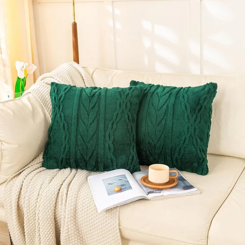 Vista 2 de YUSOKI - Fundas de almohada de pelo de sherpa con diseño elegante 3D, juego de 2 - Fundas de almohada decorativas suaves y acogedoras para sofá