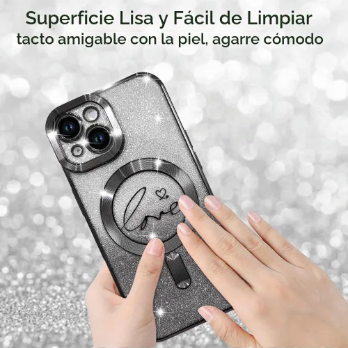 Vista 4 de ZIYE Funda Magnética Diseñada para iPhone 14 Funda con Purpurina Plateado de Lujo Corazón de Amor Compatible con MagSafe Funda Transparente con Negro