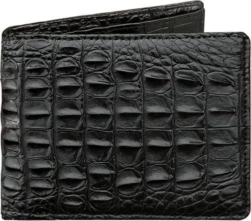 Vista 23 de HATA Billetera de piel plegable de cocodrilo para hombre, con bloqueo RFID, hecha a mano para papá, marido, hijo, profesor