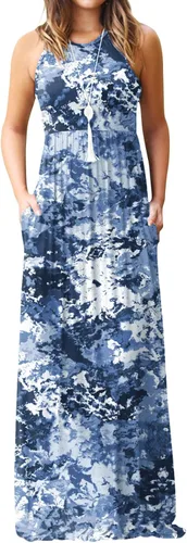 Vista 35 de DEARCASE Vestido largo de verano sin mangas para mujer, con bolsillos E10-floral Negro Azul