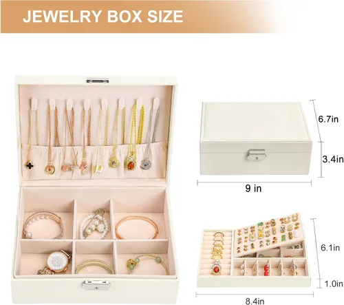 Vista 6 de Joyero organizador para mujeres y niñas, 2 capas de cuero, estuche de almacenamiento de joyas de viaje con cerradura y bandeja extraíble