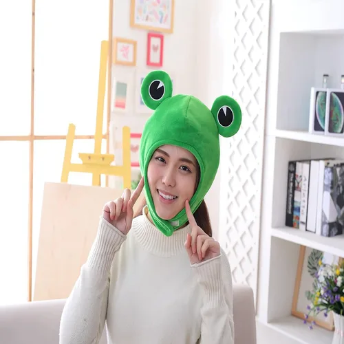 Vista 3 de Bonito sombrero de rana de felpa para adultos, gorro de rana de dibujos animados para disfrazarse, disfraz de cosplay, accesorios de fotos