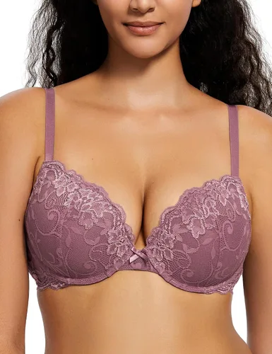 Vista 16 de Deyllo - Brasier de encaje para mujer con efecto de realce de busto, cómodo, con relleno, aros, levanta y añade una copa a tu busto Ámbar dorado
