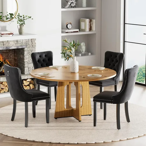 Vista 38 de Mesa de comedor redonda estilo granja para 6, mesa de cocina circular de 47" MDF con acabado de grano de madera, mesa de cocina y comedor de madera