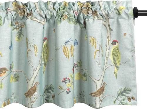 Vista 9 de VOGOL Cenefa de estilo rústico para filtrar la luz, con bolsillo para barra, cortina de cenefa de campo con estampado de pájaros para cocina, 52 x