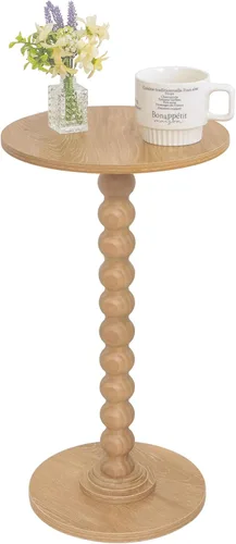 Vista 9 de Fultyle Mesa auxiliar redonda, mesa pequeña para bebidas para espacios pequeños, mesa auxiliar moderna con patas de madera maciza para sala de Negro