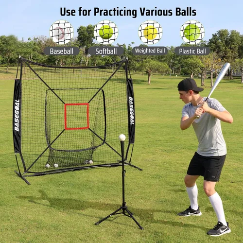 Vista 4 de BaseGoal Red de práctica de sóftbol de béisbol de 7 x 7 pies, respaldo de béisbol, con camiseta de bateo, para golpear lanzar, batear, atrapar