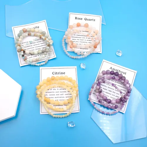 Vista 4 de Ronglry 3 pulseras de piedra natural para mujeres y hombres, pulseras de cuentas de cristal curativo, amatista espiritual, cuarzo rosa, chakras