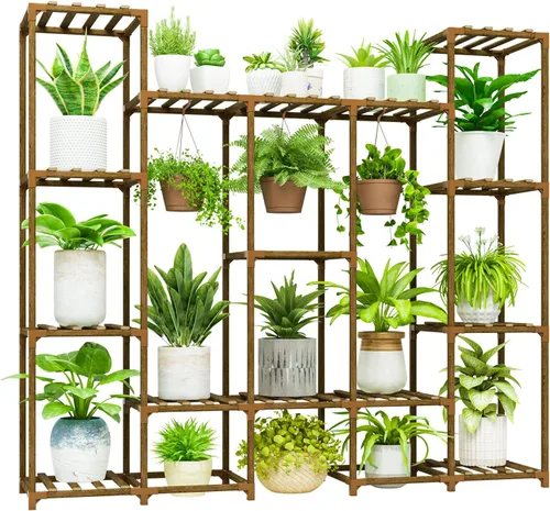 Vista 15 de Bamworld - Soporte para plantas con ruedas de madera para interior y exterior, estante para múltiples plantas con 11 macetas, soporte alto y grande