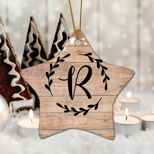 Vista 6 de Monograma inicial letra R adorno decorativo plano en forma de estrella adornos de Navidad de cerámica para decoración de árbol de Navidad, adorno