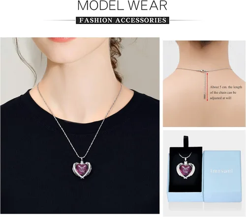 Vista 2 de Imrsanl Joyería de cremación con dije de urna de corazón de ala de ángel para mujer, urnas de cristales para cenizas humanas, medallón